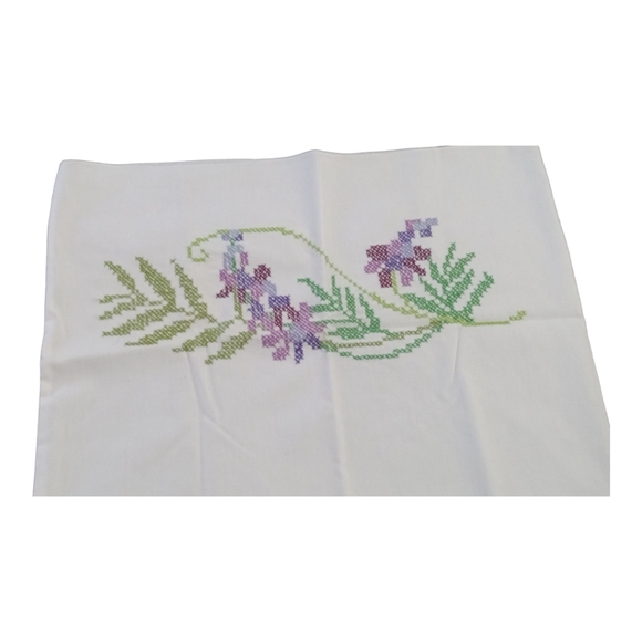 Handmade Other - Hand Embroidery Cross Stitch Pillowcase Floral Purple Green Vintage